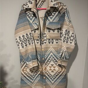 Aztec-Inspired Utility Jacket - Blue, Tan, and Cream